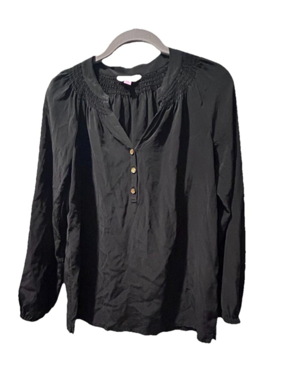 Lilly Pulitzer Tops - Lilly Pulitzer Black 100% Silk Smocked Peasant Blouse Women's Size XS Long